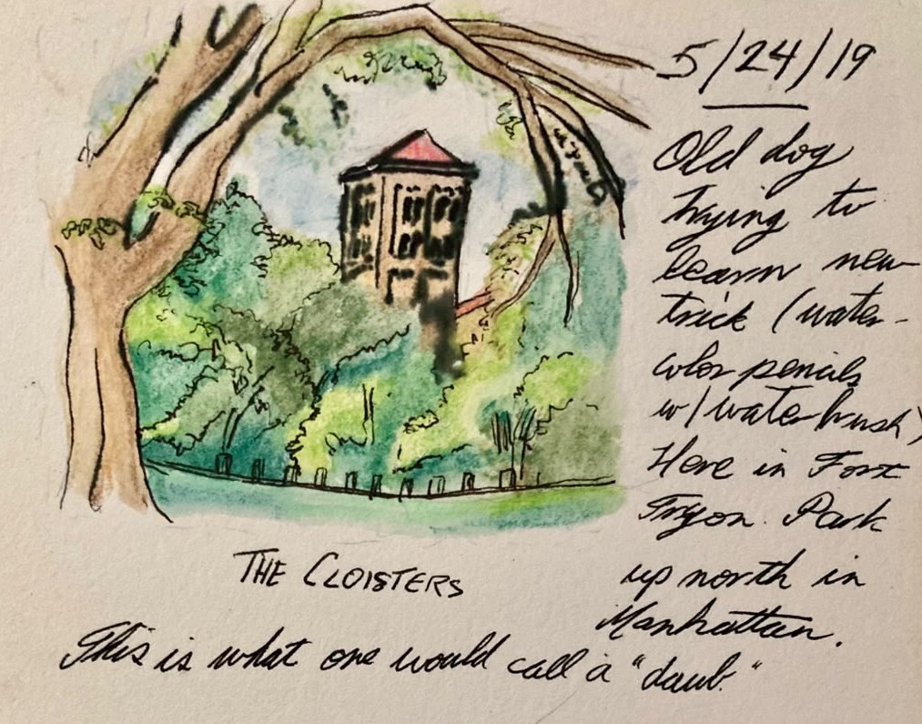 A watercolour-pencil sketch of a tower among trees, with Mark&rsquo;s handwritten note beside it
