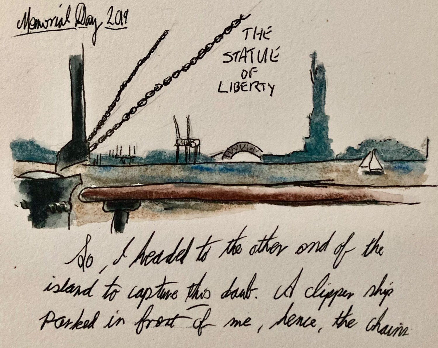 A sketch of the harbour with the Statue of Liberty, a chain in the foreground, and Mark&rsquo;s handwriting below