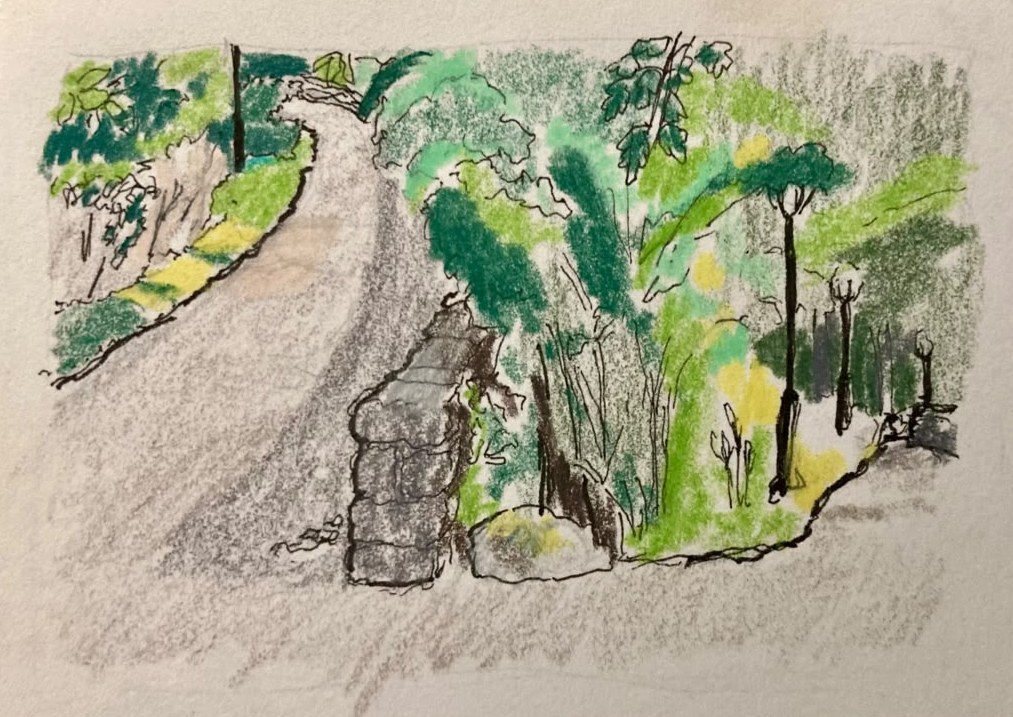 A coloured-pencil drawing of a path running between trees and a low stone wall